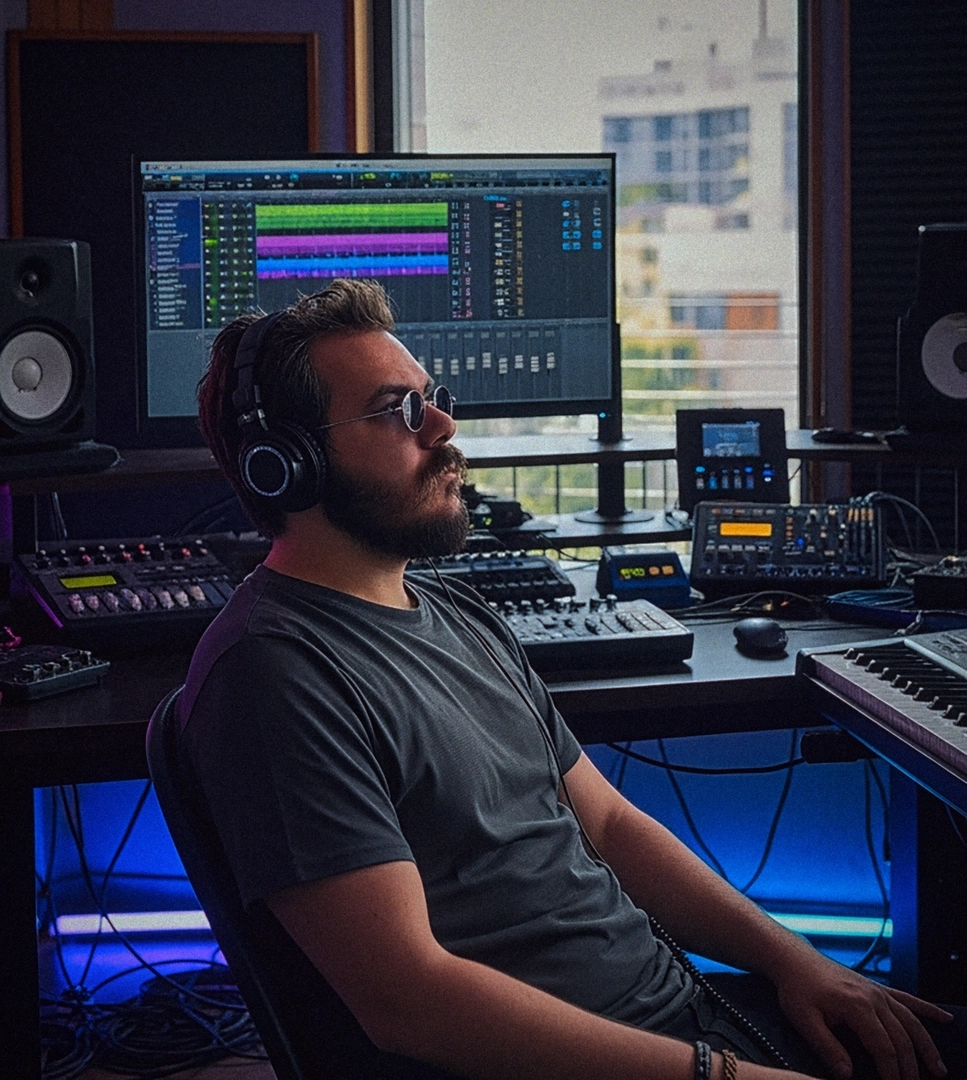 Zurab Kostava is sitting in a music studio, wearing glasses and headphones. The studio is filled with musical equipment, LED lights, and offers a city view from its windows. A digital audio workstation (DAW) is open on the computer.