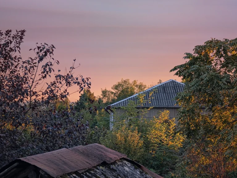 A quiet village scene at dusk from a balcony view. A soft, clear purple-pink sky hovers over a slate-roofed house nestled among dense autumn trees, which are catching the last golden light. A rusty tin roof is in the near foreground.