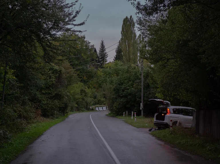 A quiet asphalt road winding through the lush green forest near Buriani village in Tbilisi National Park, Georgia, with a beautiful house visible in the distance. Capturing tranquility and relaxation. Landscape photography by Georgian artist Zurab Kostava.