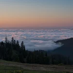 Dramatic view from Bakhmaro, Guria, Georgia, showing thick clouds flowing like a powerful tsunami wave into the mountain valleys below. Landscape photo by Georgian artist Zurab Kostava.